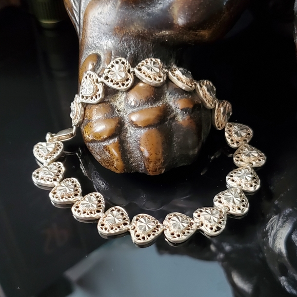 Vintage Beverly Hills Silver filigree hearts link tennis bracelet 925 sterling - Picture 1 of 9